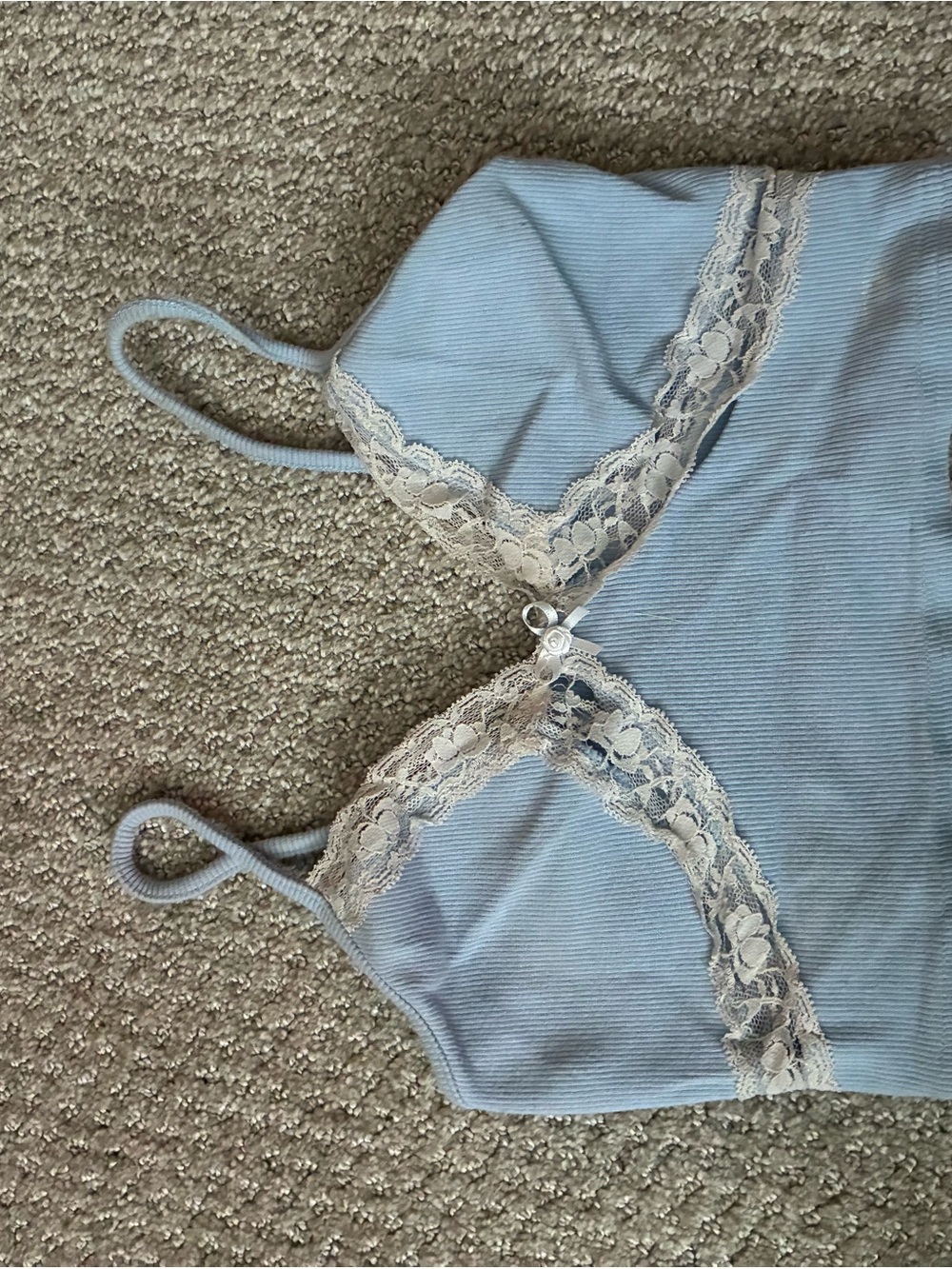 Light Blue Lace-Trim Ribbed Cami with Ivory Accents